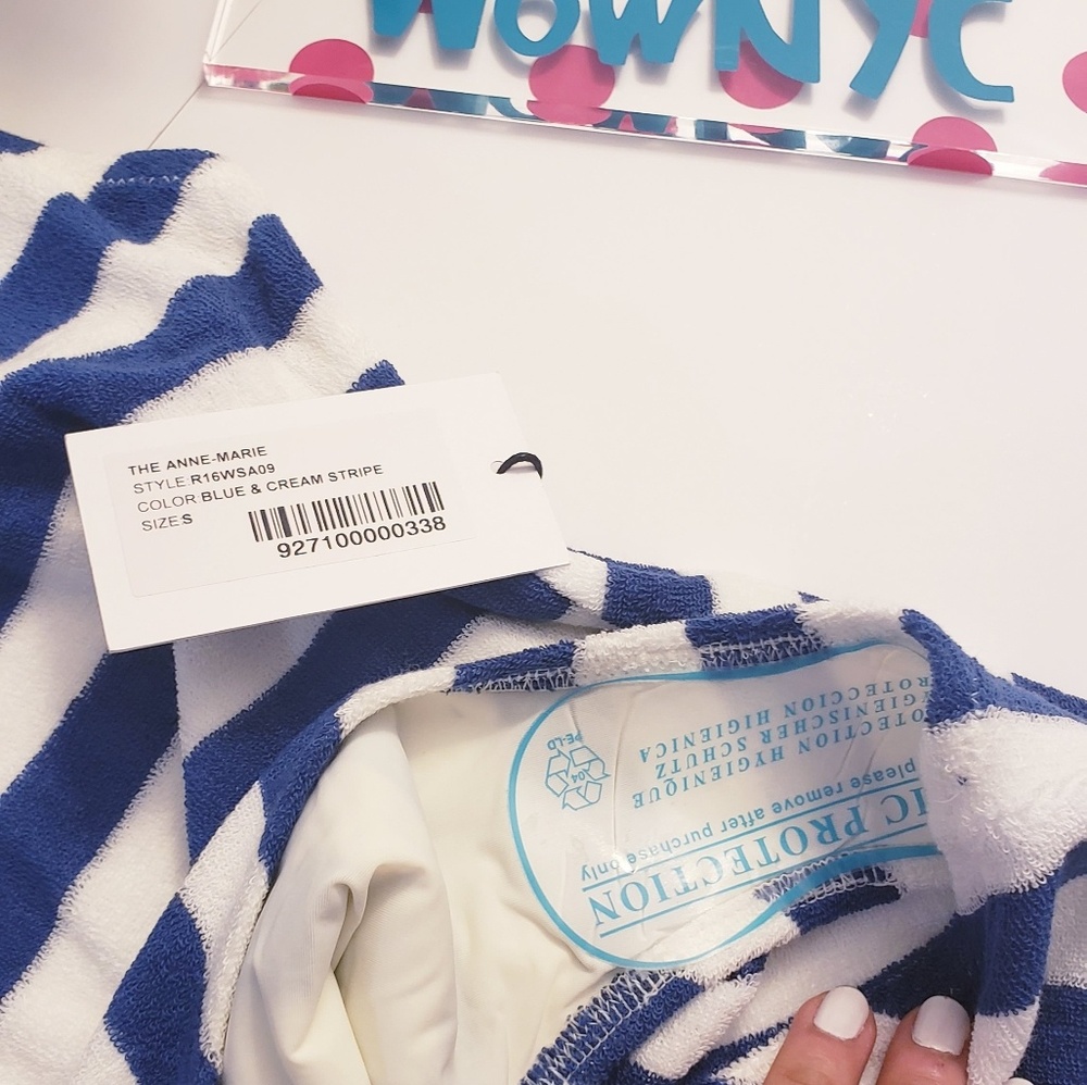 SOLID STRIPED ANTHROPOLOGIE One Piece Swimsuit S Blue White Towel Swim NEW $230 - Picture 9 of 12